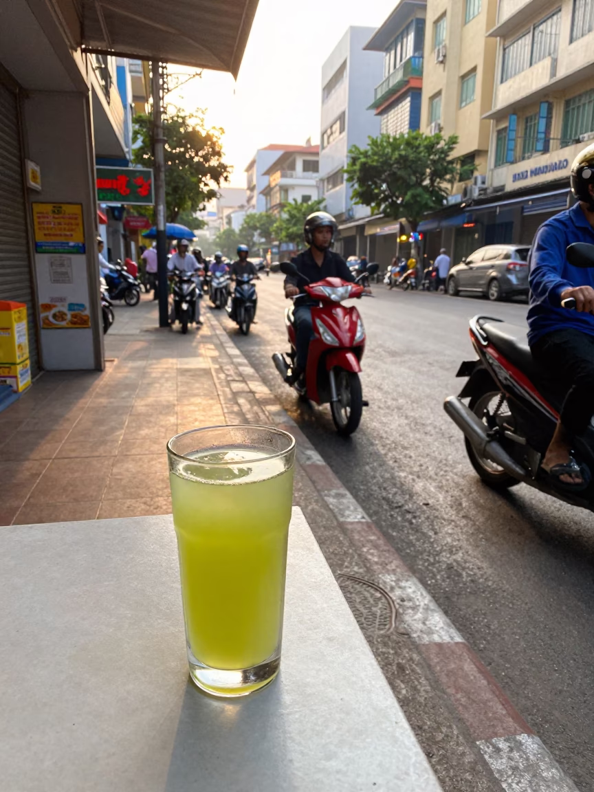 Morning street scene in Ho Chi Minh City Vietnam with sugarcane juice and motorbikes in in Ho Chi Minh City, Vietnam