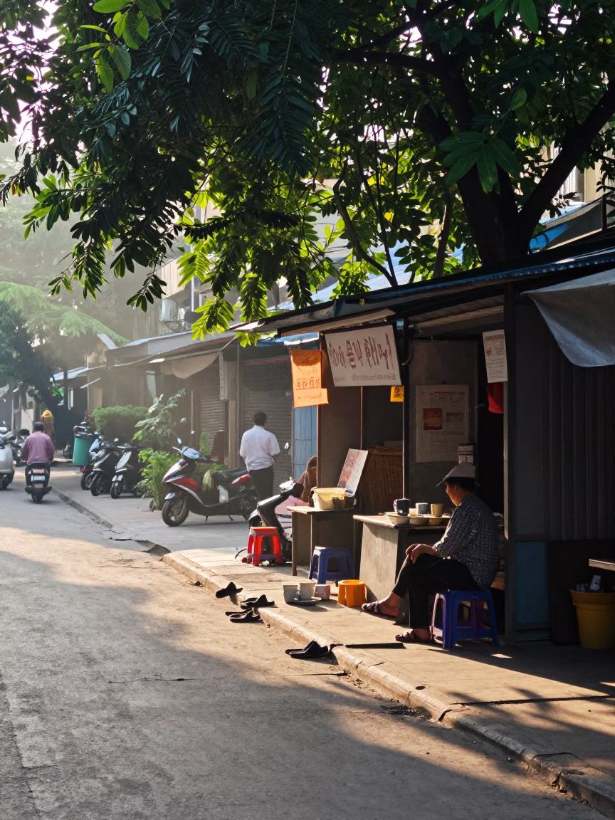 Morning street scene in Ho Chi Minh City with slippers and ceramic mugs in in Ho Chi Minh City, Vietnam