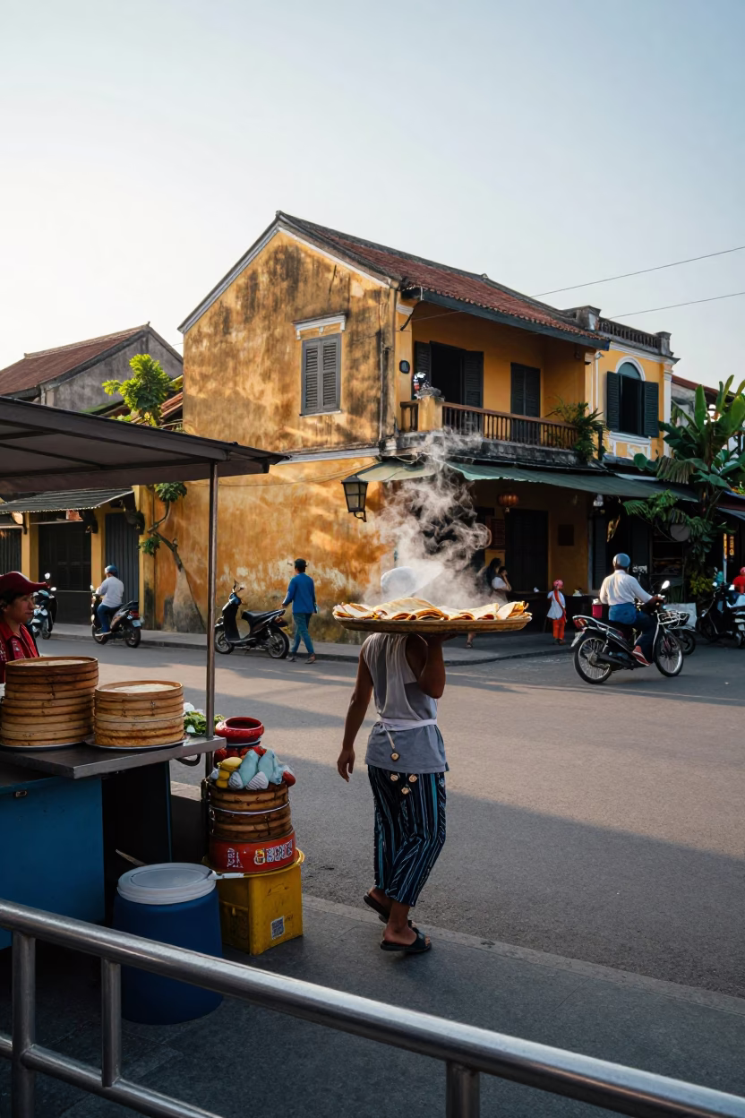 Morning Street Scene in Hoi An Vietnam with Brushed Steel Rail and Local Commerce in in Hoi An, Vietnam