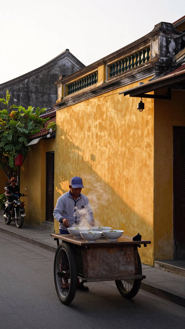 Morning street scene in Hoi An Vietnam with soup bowls and heritage architecture in in Hoi An, Vietnam