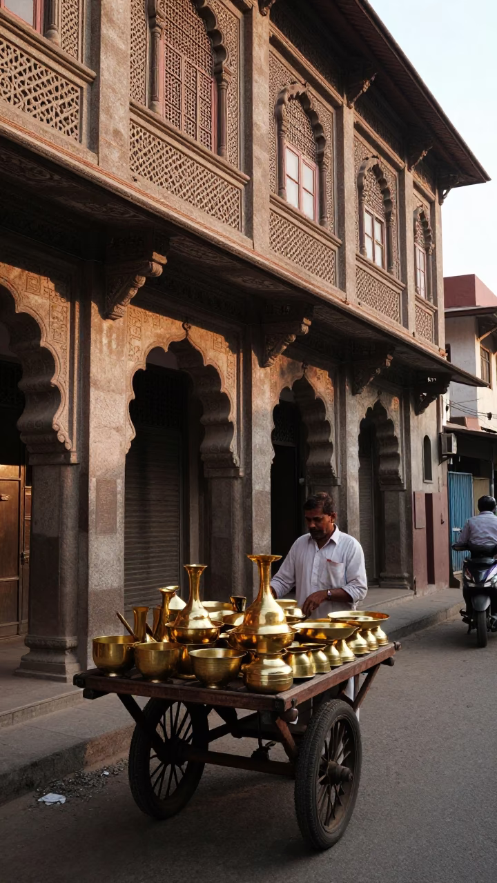 Morning street scene in Hyderabad India with brass utensils and early light in in Hyderabad, India