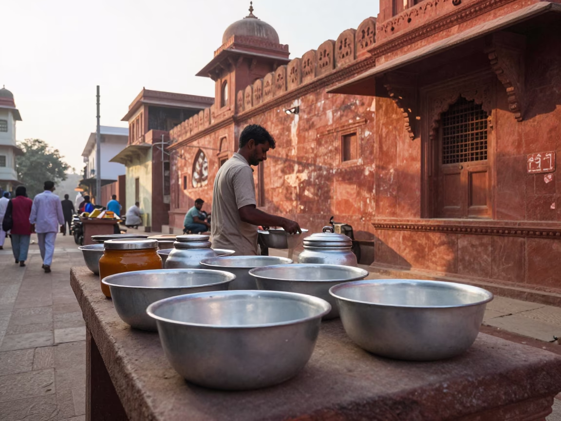 Morning street scene in Hyderabad India with enamel bowls and jar opener near Charminar in in Hyderabad, India