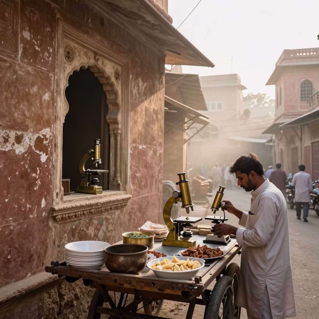 Morning Street Scene in Jaipur India with Antique Brass Microscope and Pitcher in in Jaipur, India