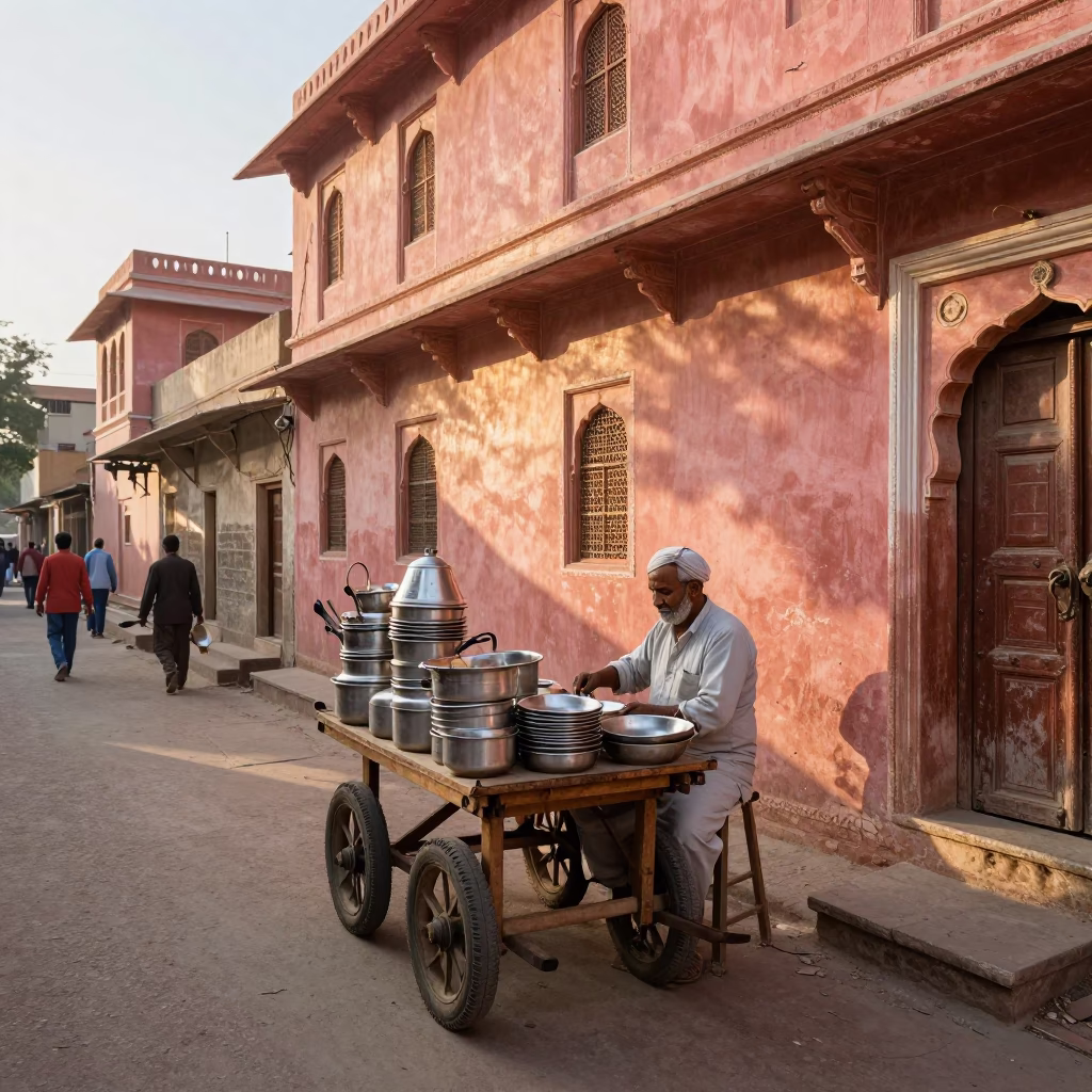 Morning Street Scene in Jaipur India with Kitchen Utensils and Local Life in in Jaipur, India