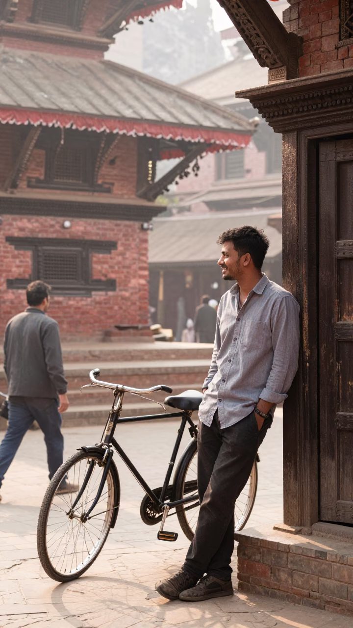 Morning Street Scene in Kathmandu Nepal with Bicycle and Traditional Brick Architecture in in Kathmandu, Nepal