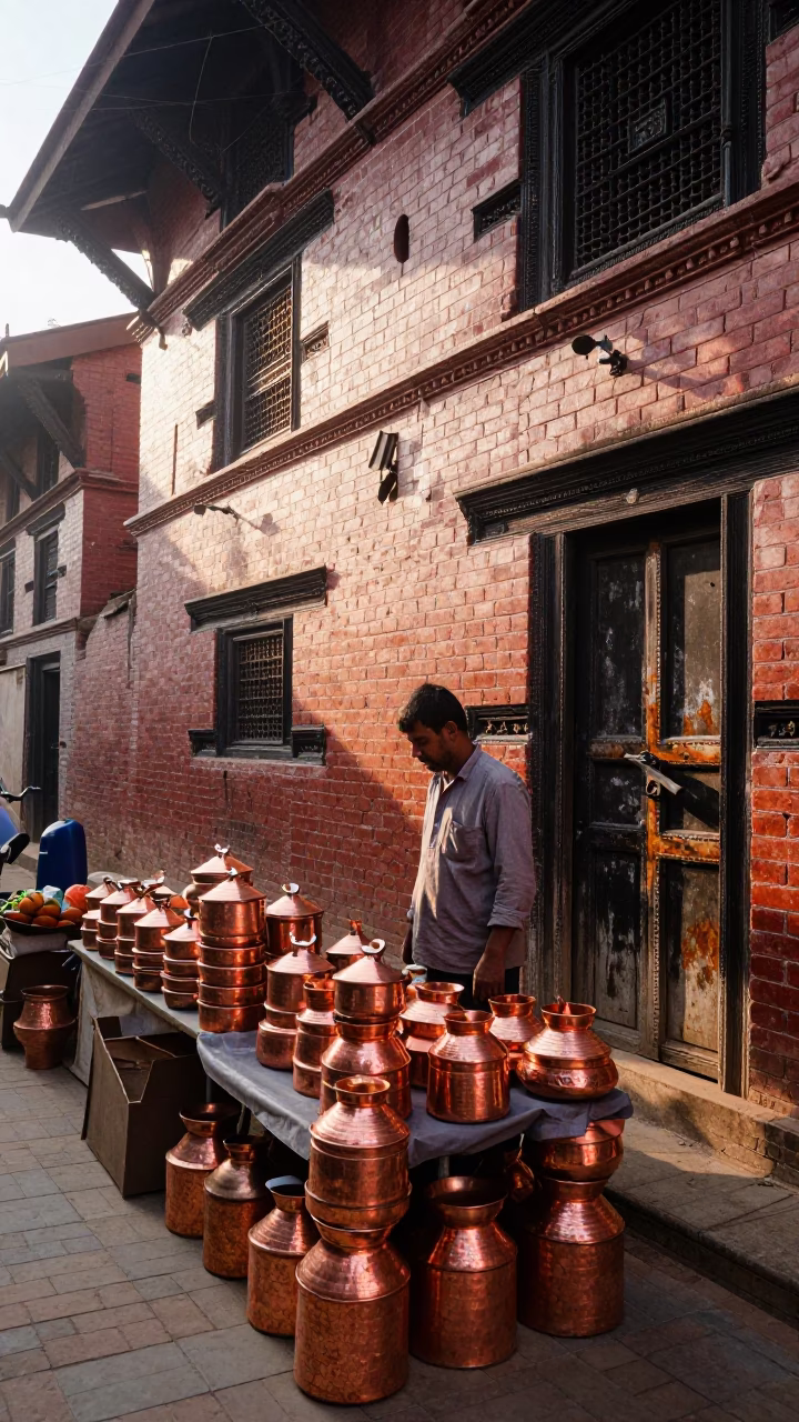 Morning Street Scene in Kathmandu Nepal with Copper Pots and Local Life in in Kathmandu, Nepal
