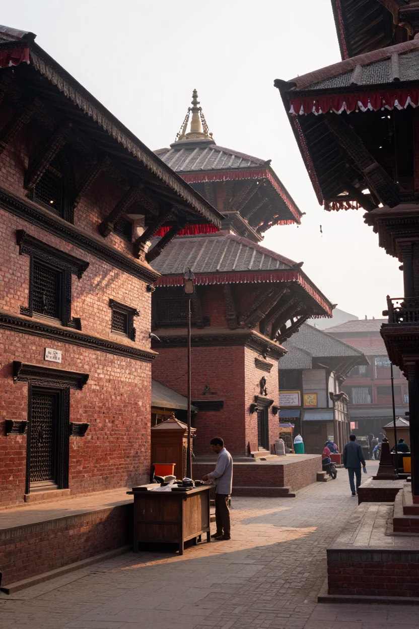 Morning Street Scene in Kathmandu Nepal with Dates and Traditional Brick Architecture in in Kathmandu, Nepal
