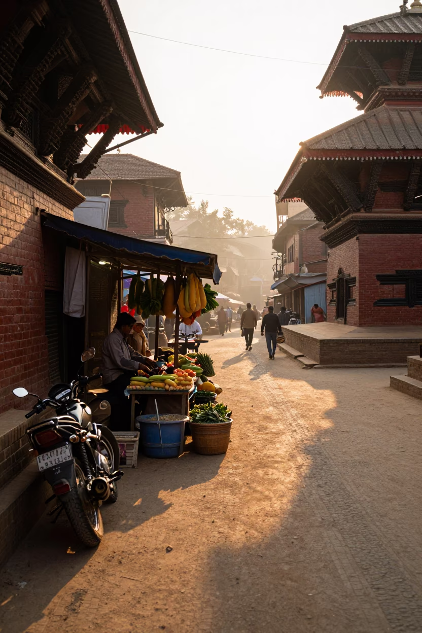 Morning Street Scene in Kathmandu Nepal with Local Commerce and Urban Life in in Kathmandu, Nepal
