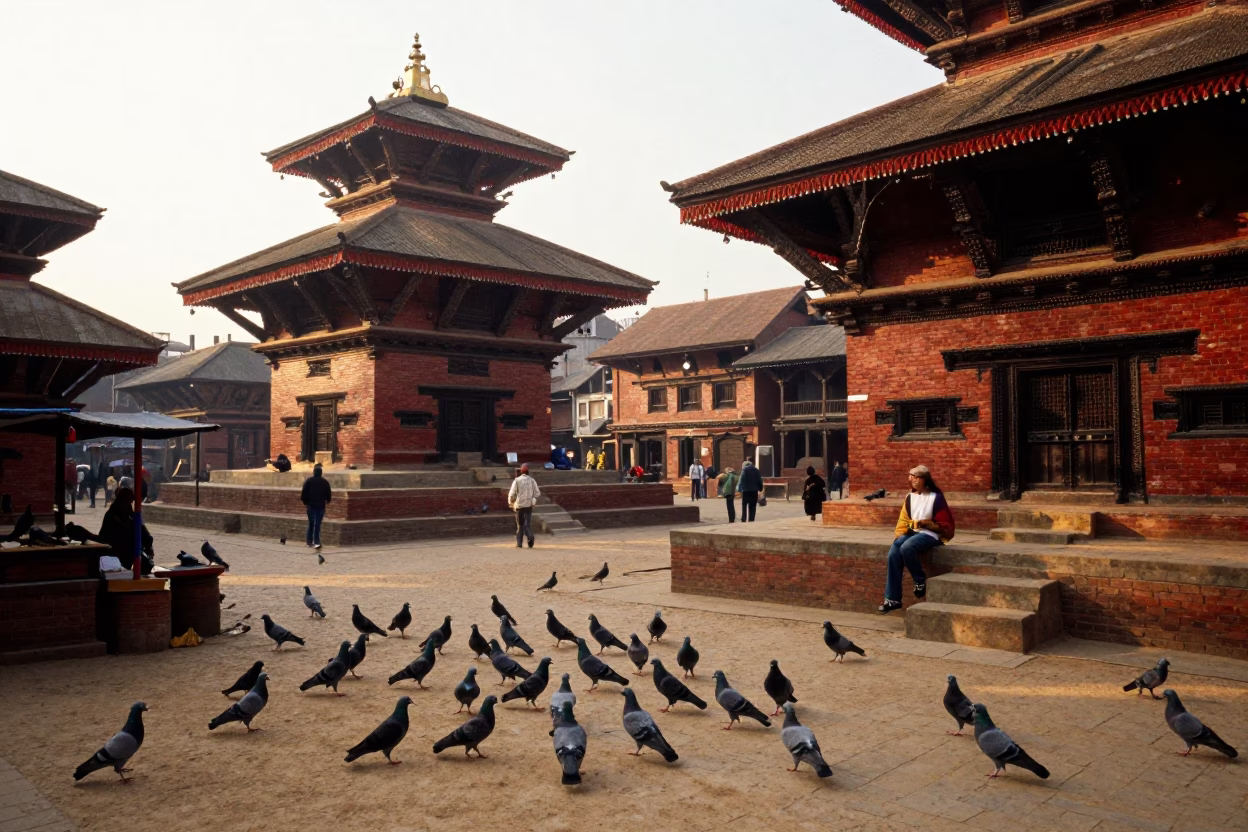 Morning Street Scene in Kathmandu Nepal with Pigeons and Local Life in in Kathmandu, Nepal