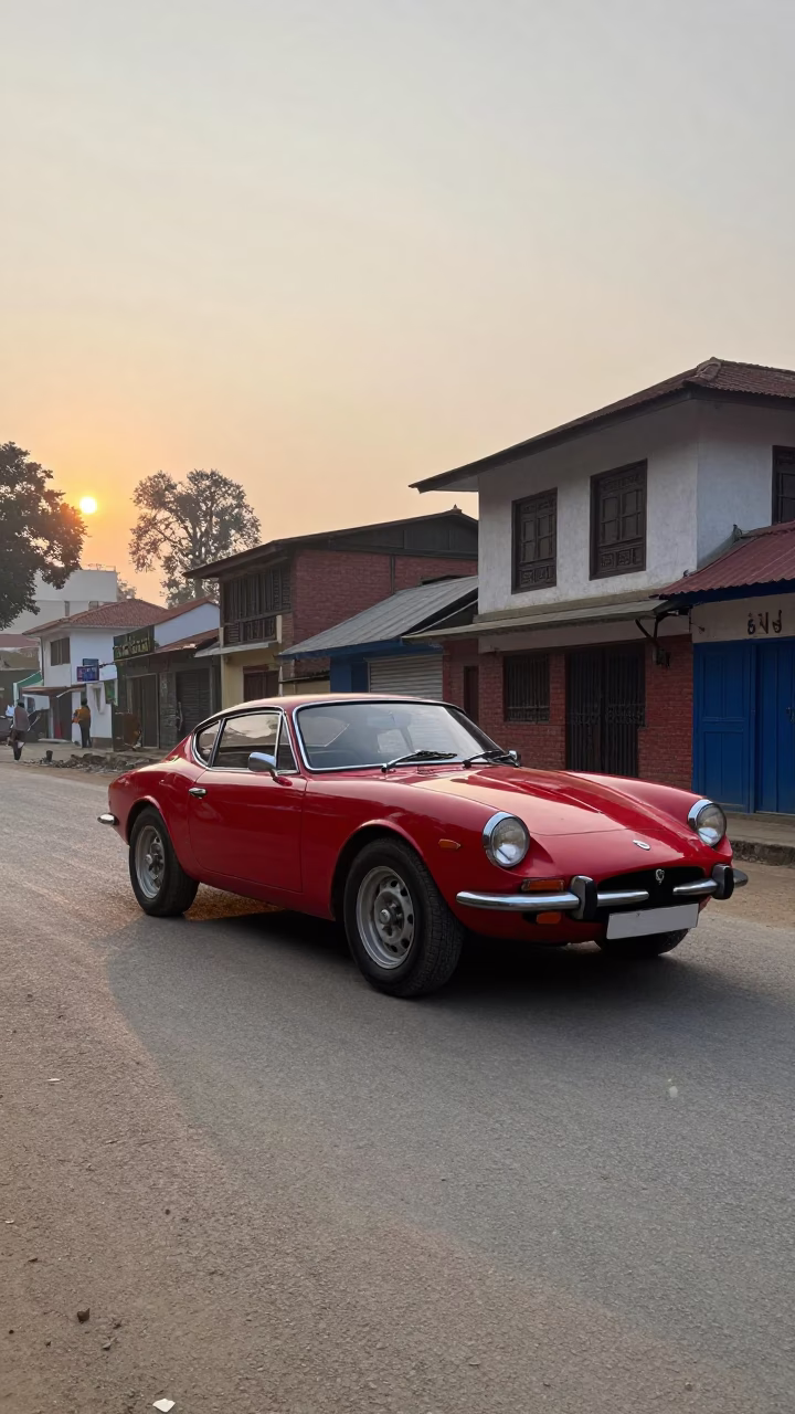 Morning street scene in Kathmandu Nepal with vintage red sports car and local architecture in in Kathmandu, Nepal