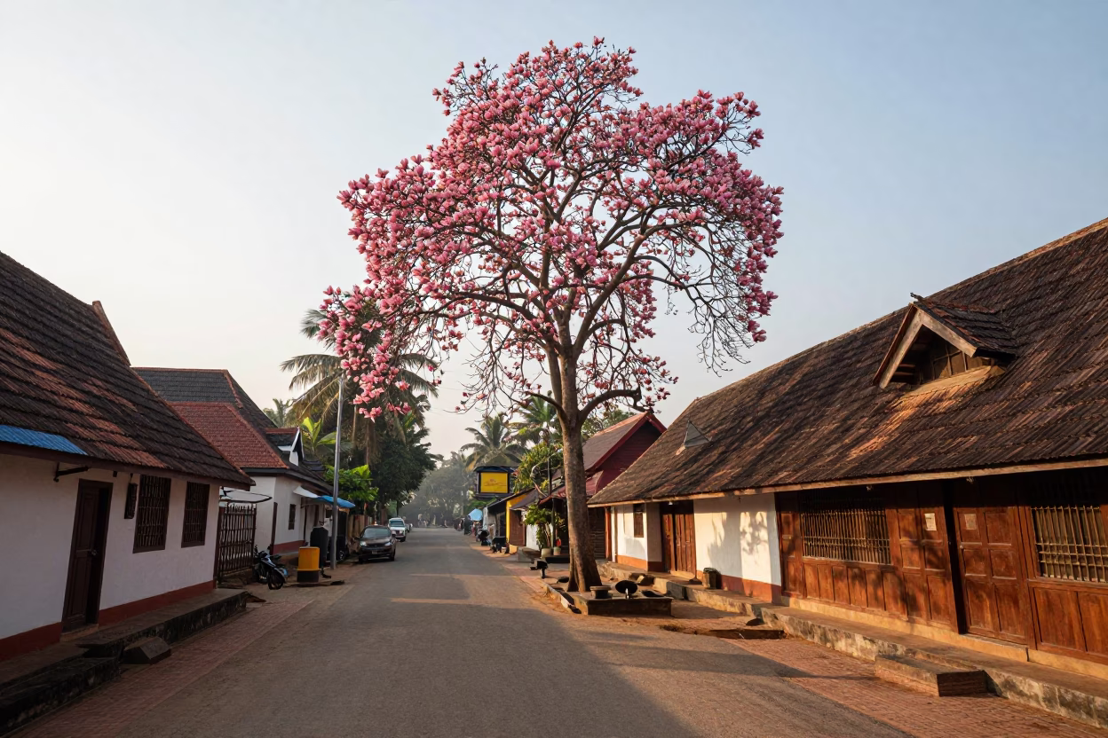 Morning Street Scene in Kochi India with Magnolia Tree and Watering Can at Sunrise in in Kochi, India