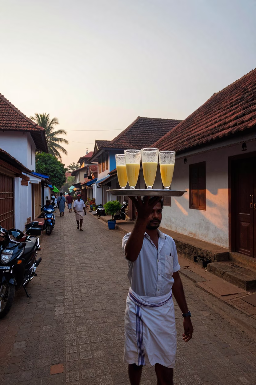 Morning street scene in Kochi India with mango lassi and traditional architecture at dawn in in Kochi, India