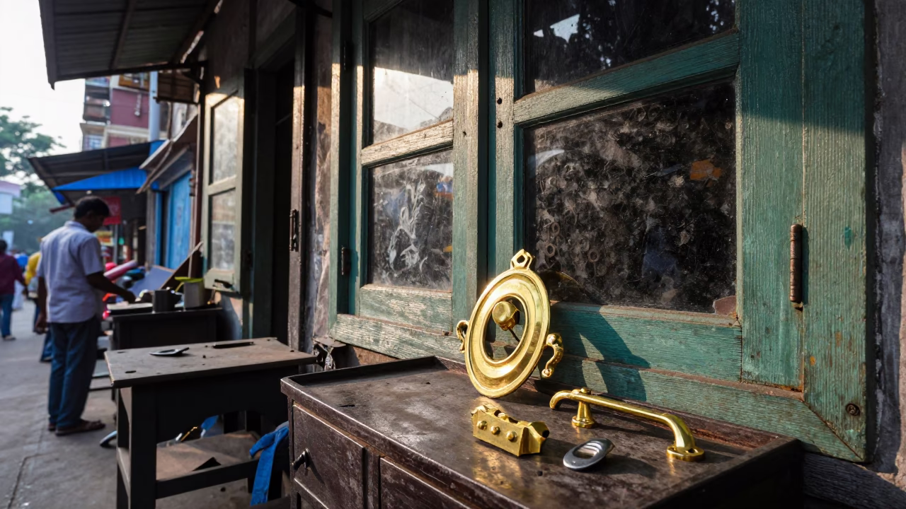 Morning Street Scene in Kolkata India with Brass Hardware and Window Light in in Kolkata, India
