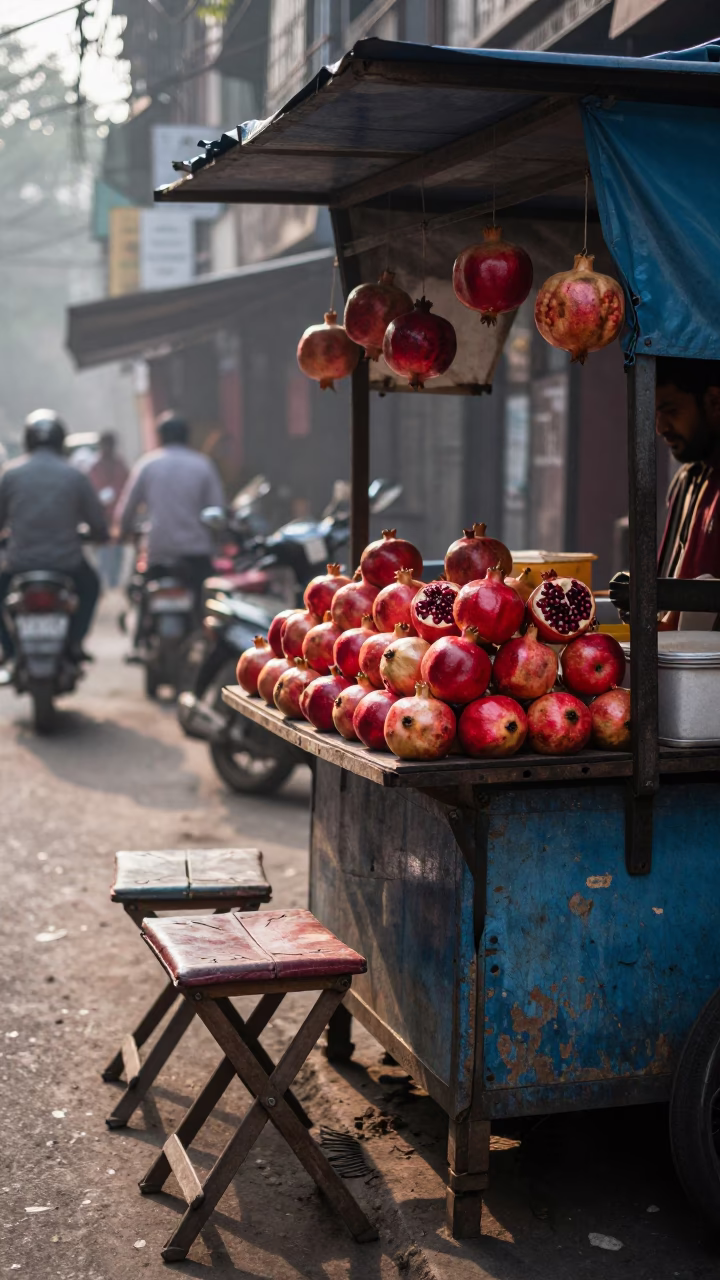 Morning street scene in Kolkata India with folded stools and pomegranates at first light in in Kolkata, India
