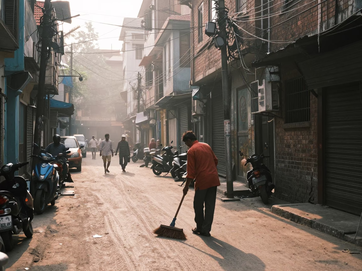 Morning Street Scene in Kolkata India with Hand Broom and Urban Life in in Kolkata, India
