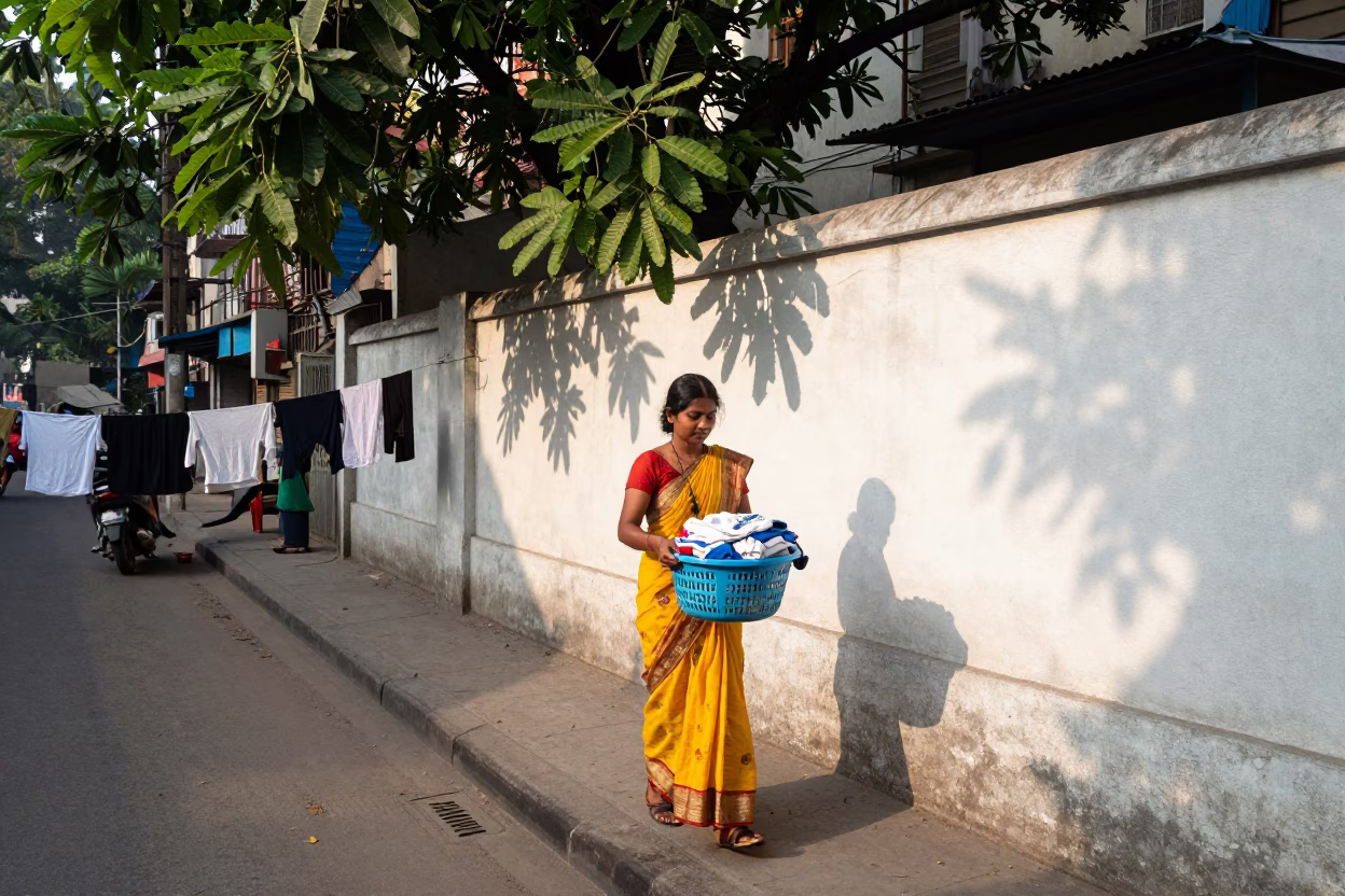 Morning street scene in Kolkata India with laundry and tea in in Kolkata, India