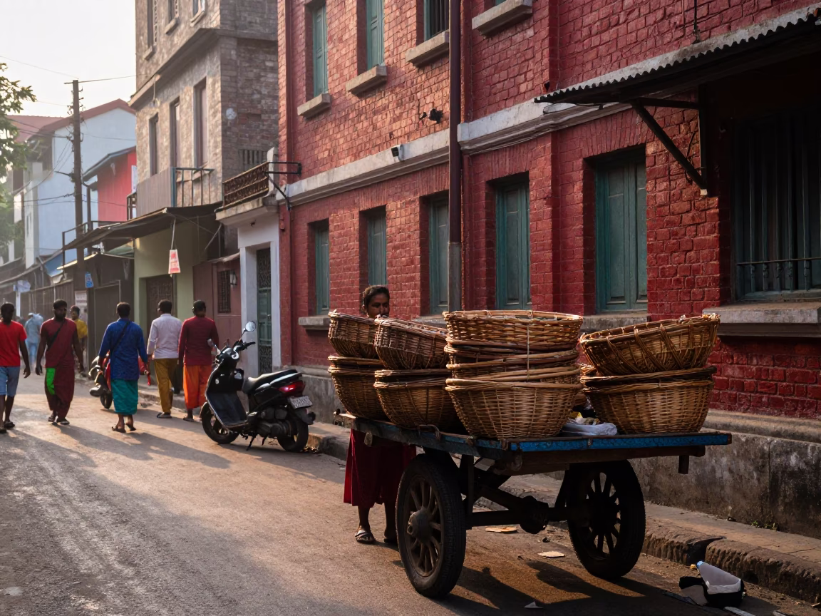 Morning street scene in Kolkata with vendor baskets and colorful spices in in Kolkata, India