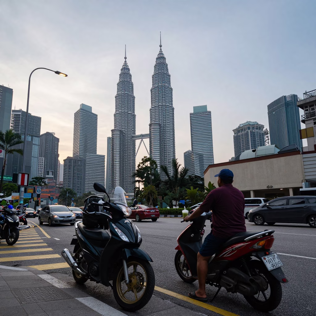Morning Street Scene in Kuala Lumpur Malaysia with Motorcycle and Matcha Latte in in Kuala Lumpur, Malaysia