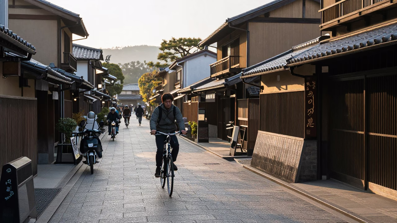 Morning street scene in Kyoto Japan with bicycle commuter and traditional architecture in in Kyoto, Japan