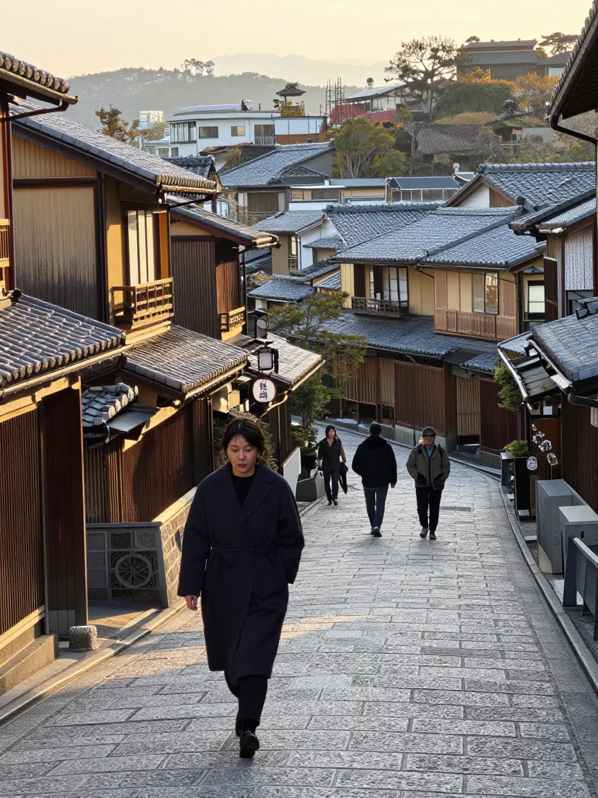Morning Street Scene in Kyoto Japan with Traditional Architecture and Pedestrians in in Kyoto, Japan