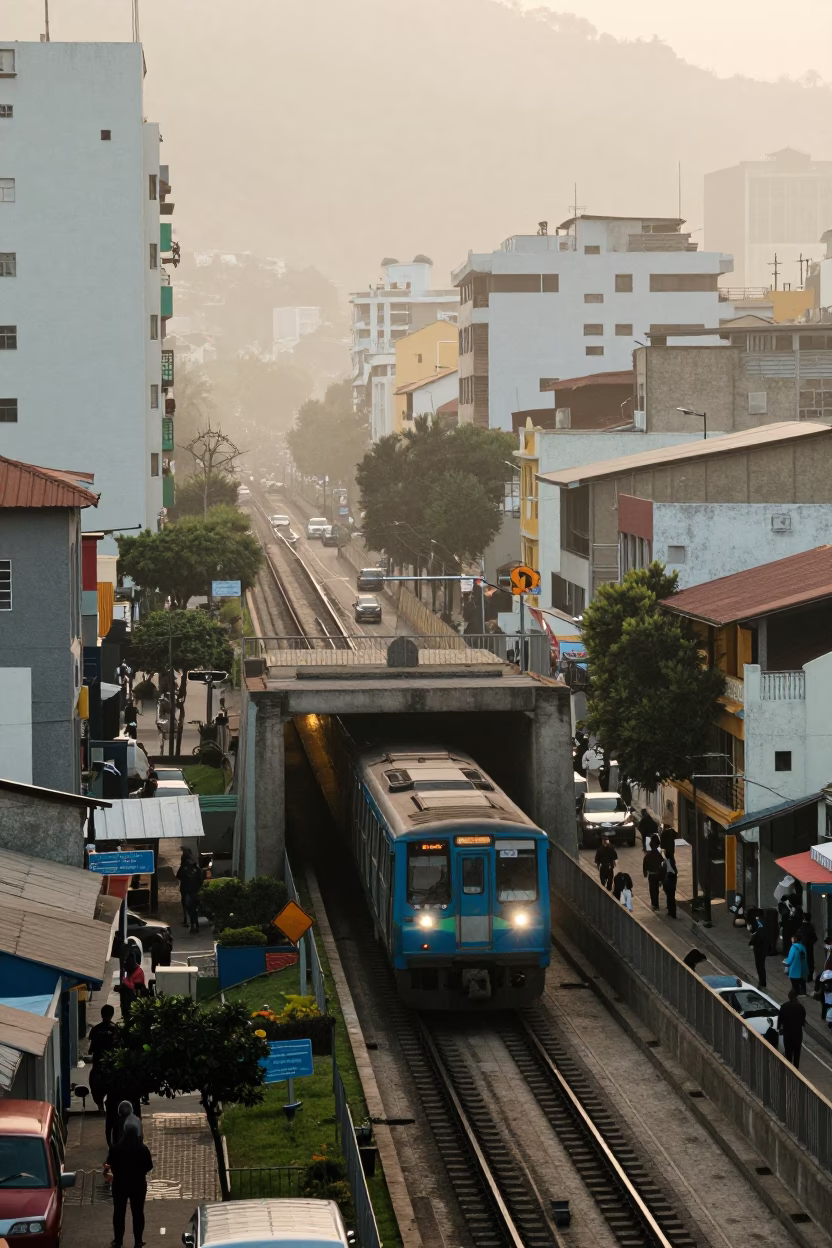 Morning Street Scene in Lima Peru with Metro Train Emerging into Early Light in in Lima, Peru