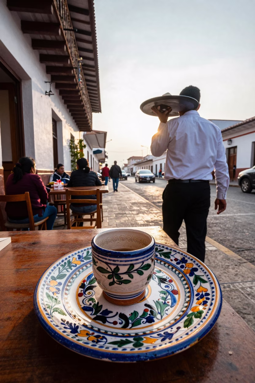 Morning Street Scene in Lima Peru with Vintage Majolica Plate and Ceramic Cup in in Lima, Peru