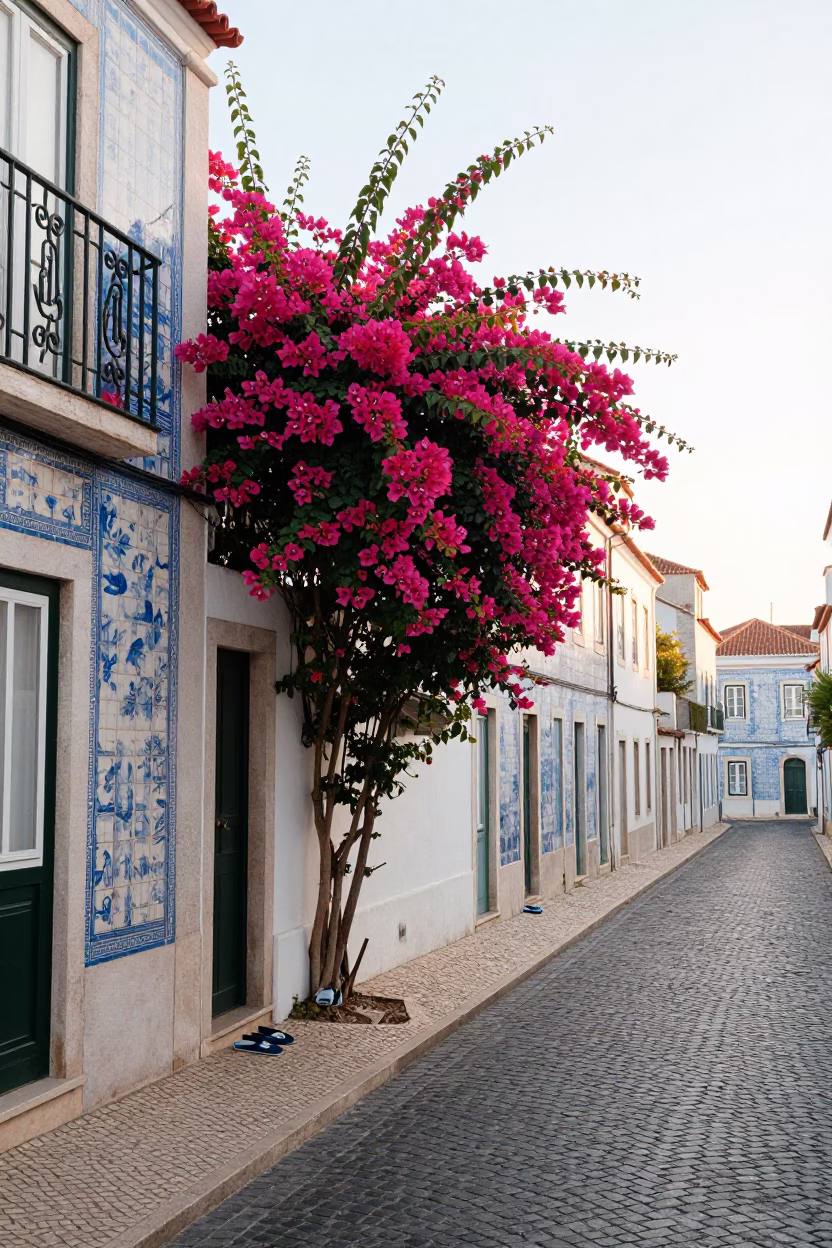 Morning Street Scene in Lisbon Portugal with Bougainvillea and Slippers in in Lisbon, Portugal