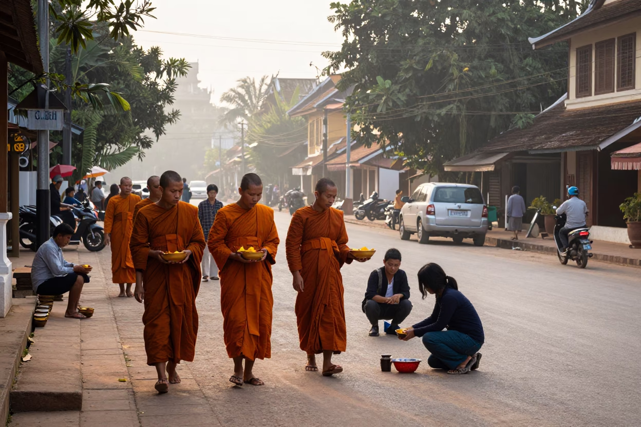 Morning Street Scene in Luang Prabang Laos with Alms Giving and Local Traffic in in Luang Prabang, Laos