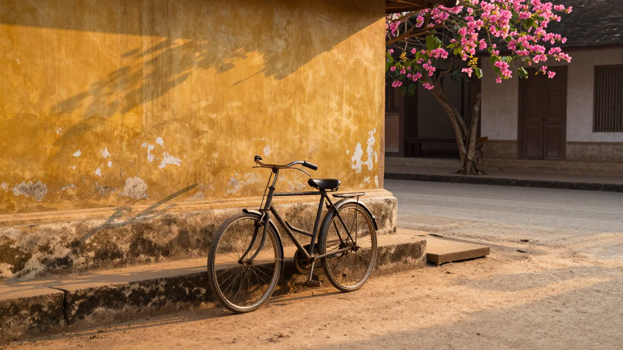 Morning Street Scene in Luang Prabang Laos with Bicycle and Dogwood in in Luang Prabang, Laos
