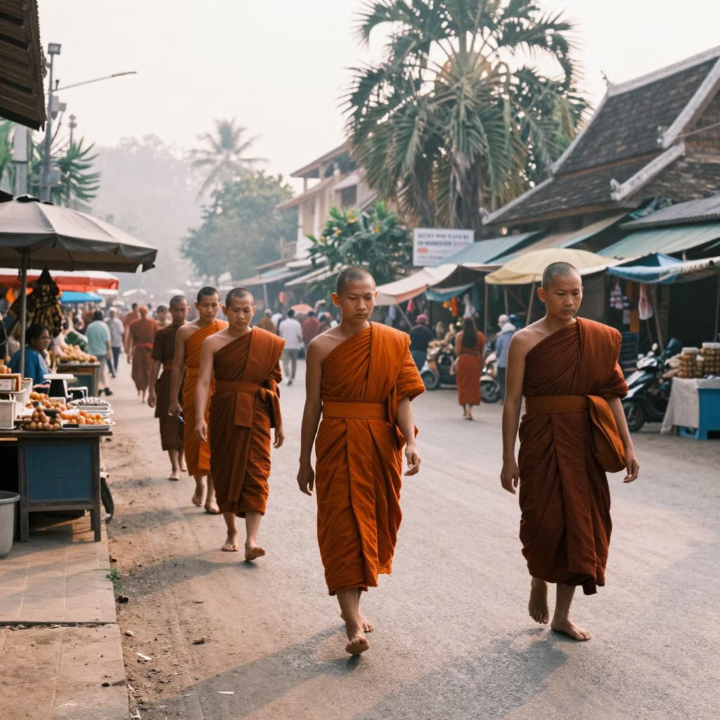 Morning Street Scene in Luang Prabang Laos with Monks and Local Market Activity in in Luang Prabang, Laos
