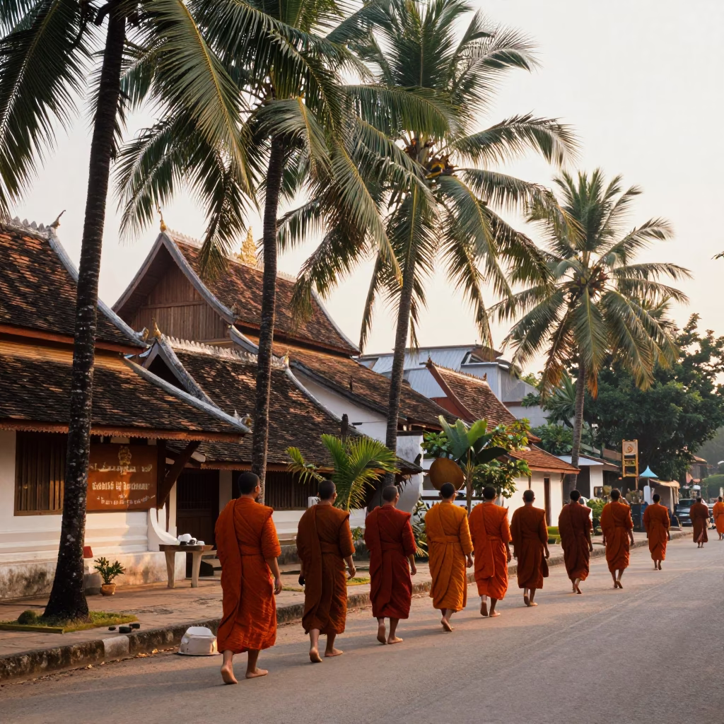 Morning Street Scene in Luang Prabang Laos with Monks and Palm Trees in in Luang Prabang, Laos
