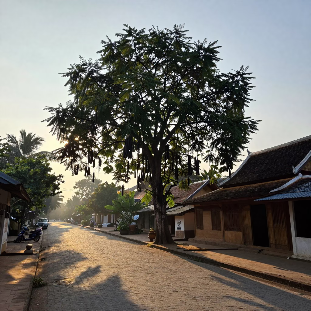 Morning Street Scene in Luang Prabang Laos with Tamarind Tree and Congee Bowl in in Luang Prabang, Laos