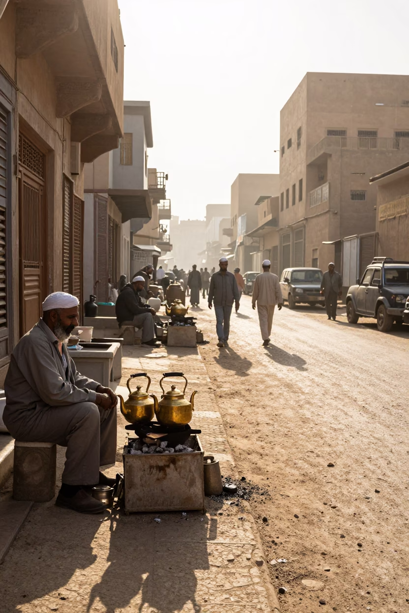 Morning street scene in Luxor Egypt with tea kettles and local vendors at sunrise in in Luxor, Egypt