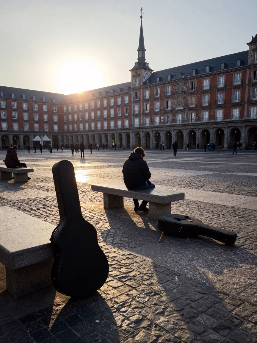 Morning Street Scene in Madrid Spain with Guitar Case and Fallen Petals in in Madrid, Spain