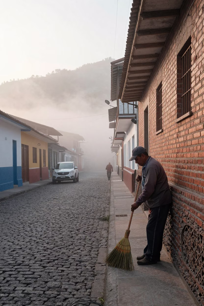 Morning street scene in Medellin Colombia with brooms and misty Andes backdrop in in Medellin, Colombia