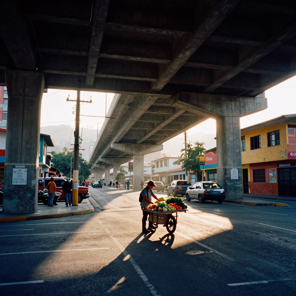 Morning Street Scene in Medellin Colombia with Flyover Shadows and Local Life in in Medellin, Colombia
