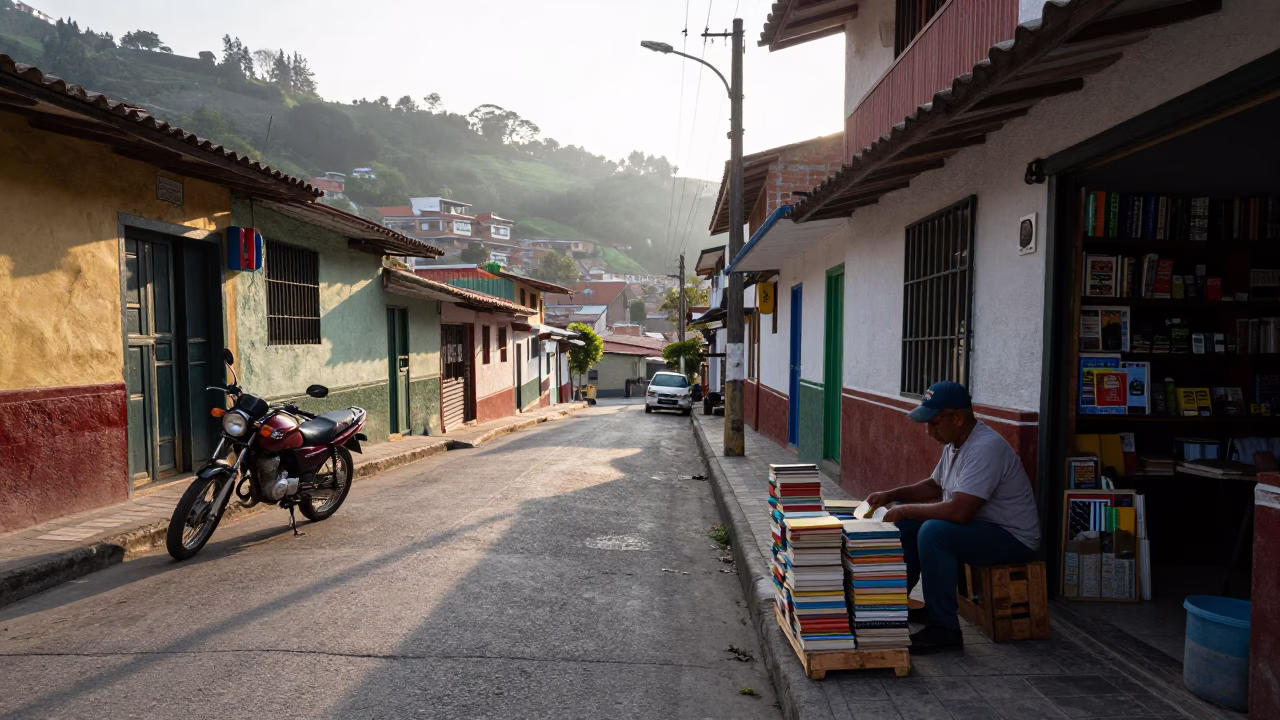 Morning Street Scene in Medellin Colombia with Motorcycle and Books in in Medellin, Colombia