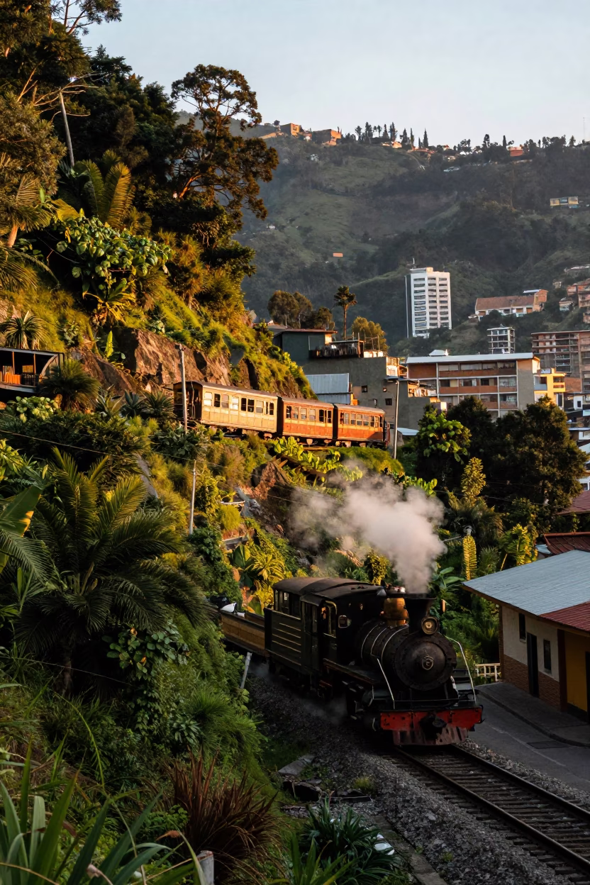 Morning Street Scene in Medellin Colombia with Narrow Gauge Train and Urban Activity in in Medellin, Colombia