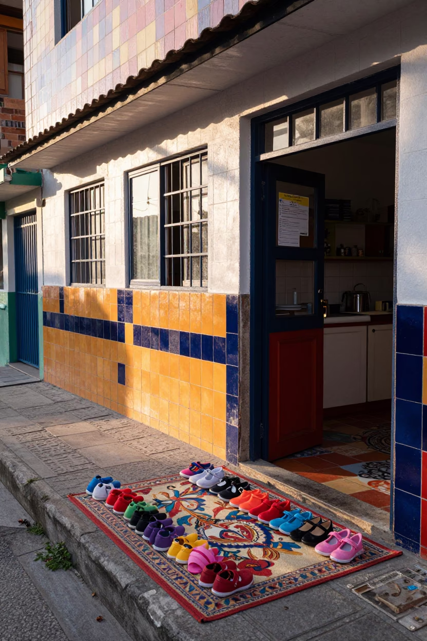 Morning Street Scene in Medellin Colombia with Preschool Shoes and Kitchen Utensils in in Medellin, Colombia