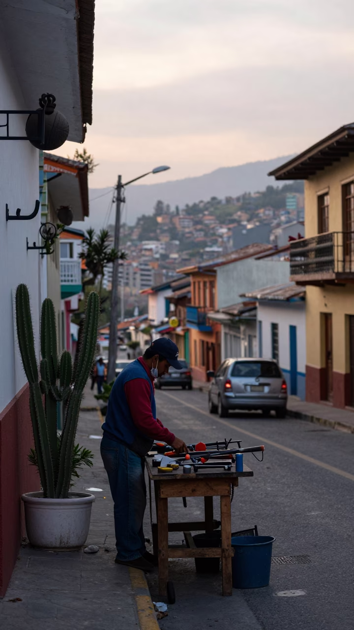 Morning street scene in Medellin Colombia with tool hooks and cactus in in Medellin, Colombia