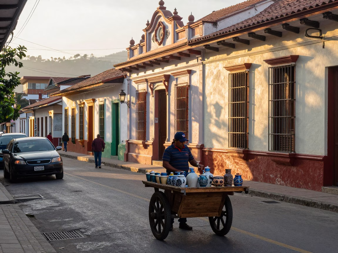 Morning Street Scene in Medellin Colombia with Wooden Cart and Ceramic Mug in in Medellin, Colombia