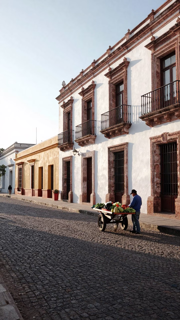 Morning Street Scene in Merida Mexico with Colonial Architecture and Local Vendor in in Merida, Mexico