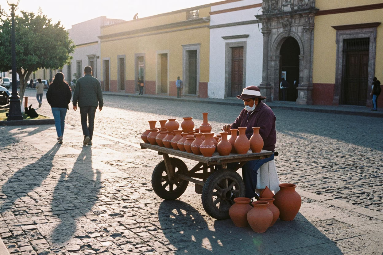 Morning Street Scene in Merida Mexico with Local Vendor and Clay Pots in in Merida, Mexico