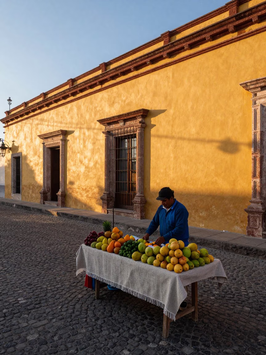 Morning Street Scene in Merida Mexico with Local Vendor and Early Sunlight in in Merida, Mexico