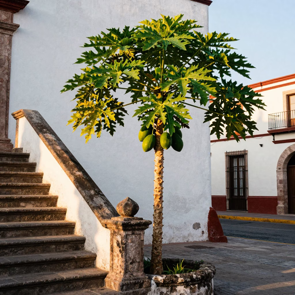 Morning Street Scene in Merida Mexico with Papaya Tree and Stair Rail in in Merida, Mexico
