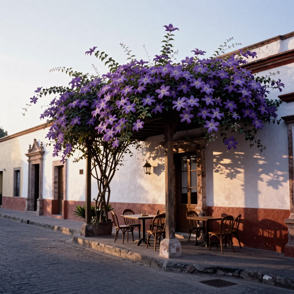 Morning street scene in Merida Mexico with purple clematis pergola and parked scooter in in Merida, Mexico
