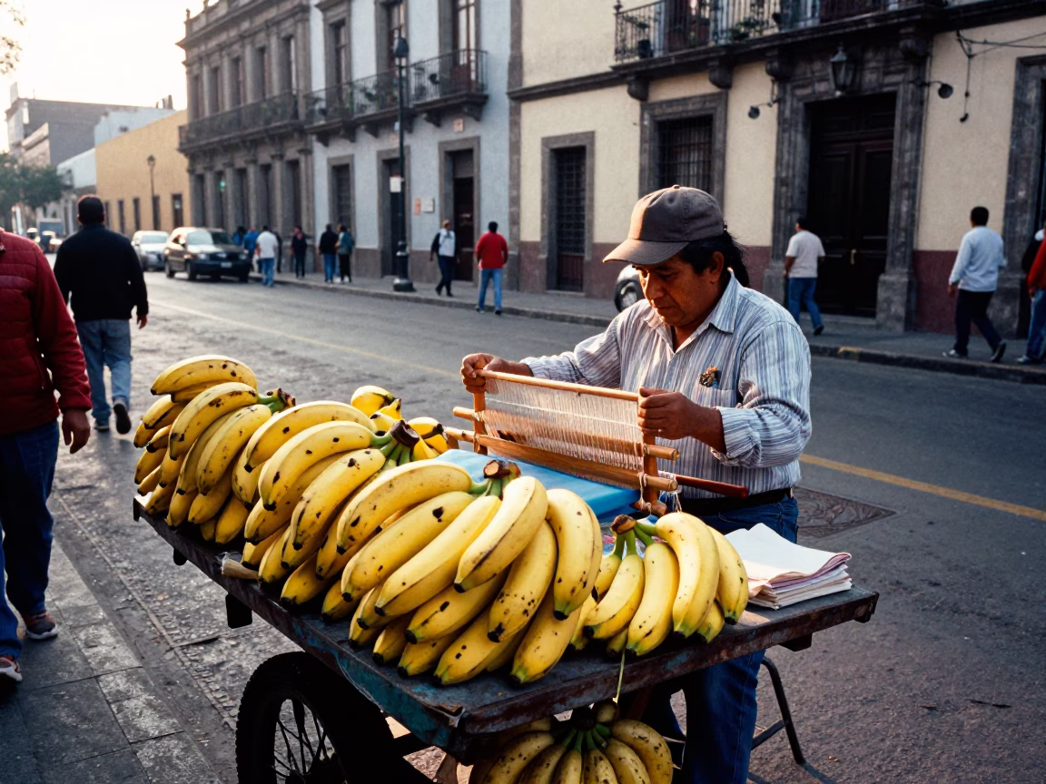 Morning Street Scene in Mexico City with Bananas and Loom Weaver at Dawn in in Mexico City, Mexico