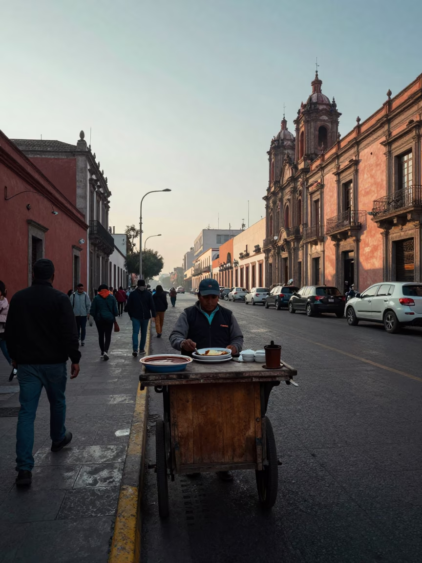 Morning Street Scene in Mexico City with Plate of Mole Poblano and Churros in in Mexico City, Mexico