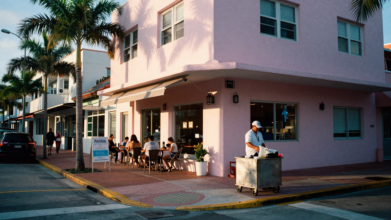 Morning street scene in Miami Florida with cooler jug and casual urban activity in in Miami, Florida, United States
