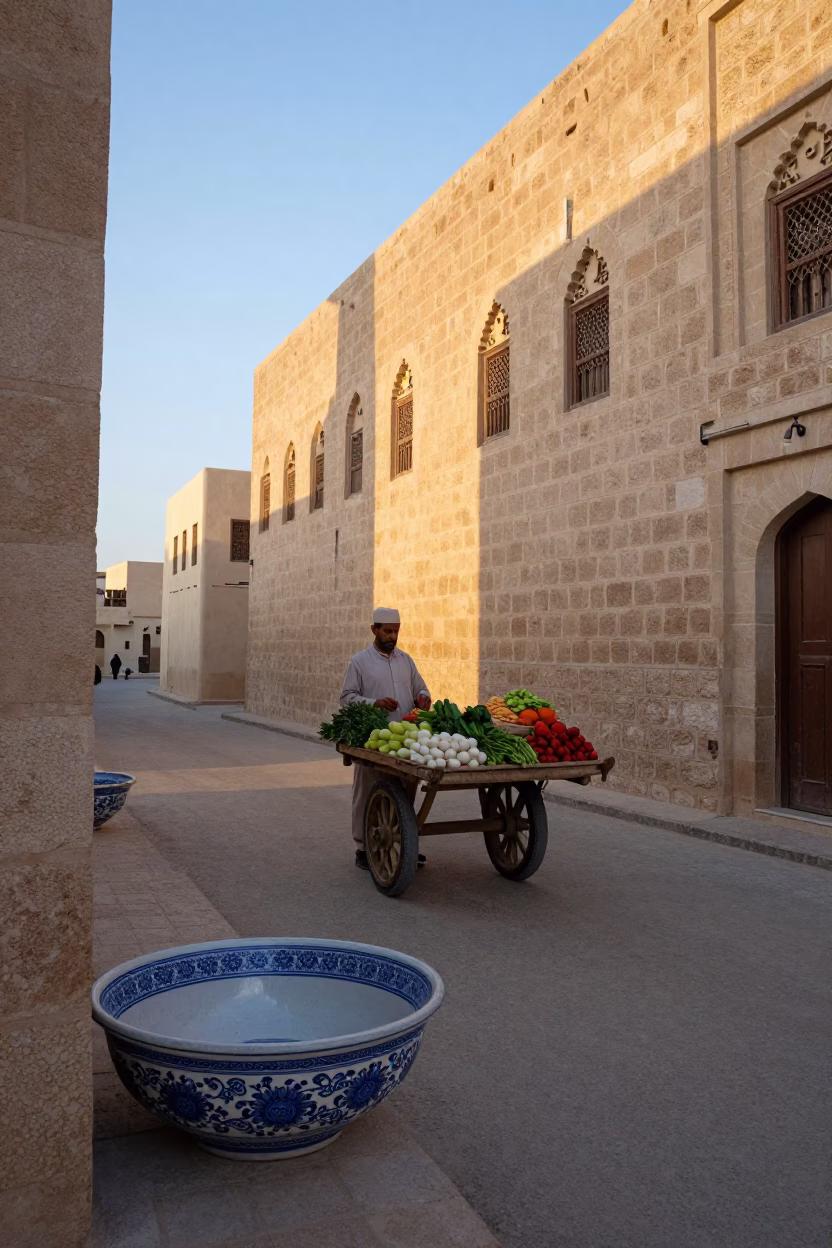 Morning Street Scene in Muscat Oman with Blue Porcelain Bowl and Scarf in in Muscat, Oman